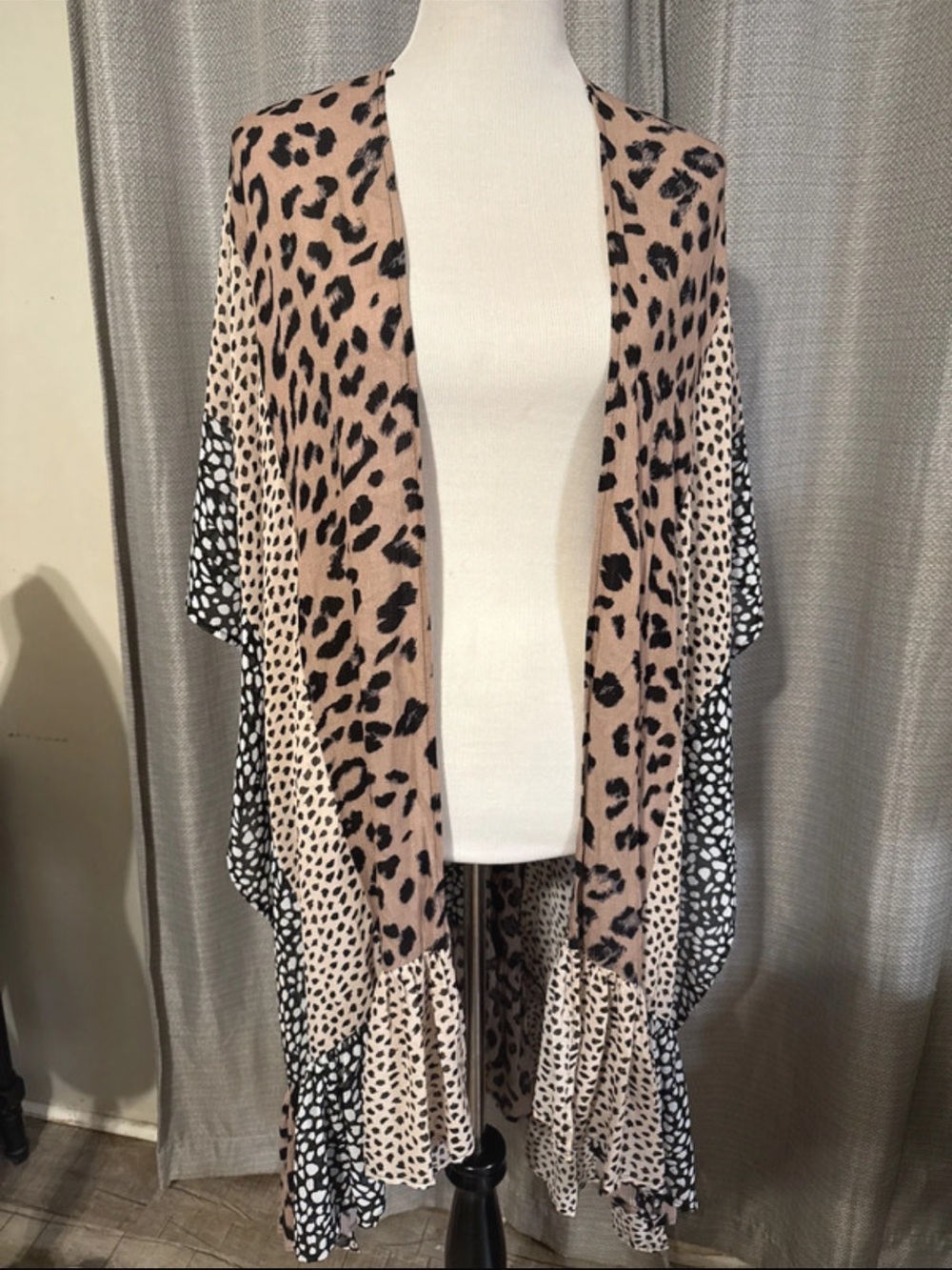 Umgee Leopard Print Open Front Kimono Cardigan - Beige/Black